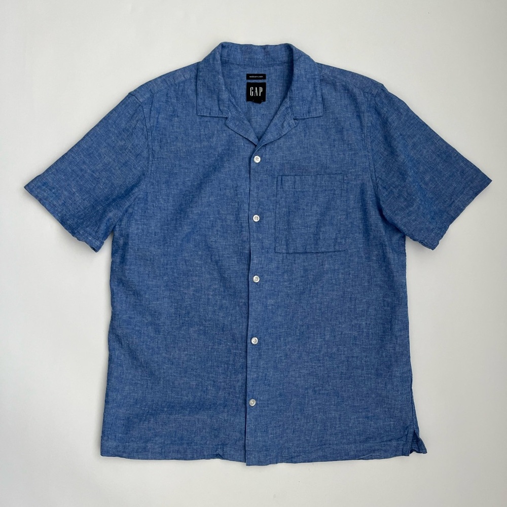 Gap Men's Blue Linen Camp Collar Short Sleeve Shirt